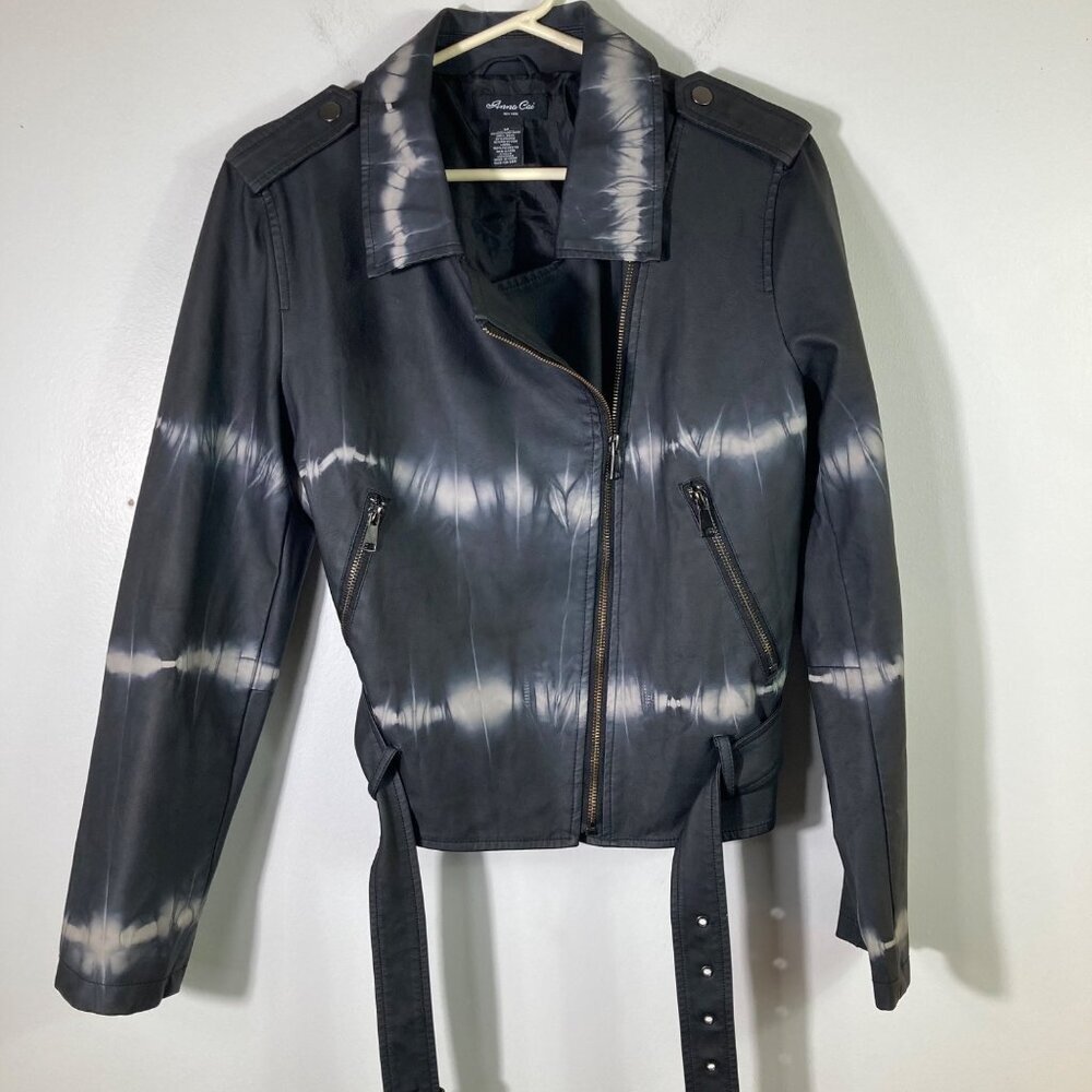 Womens Anna Cai Tie Dyed Faux‎ Leather Moto Jacket Lined Black White M PU